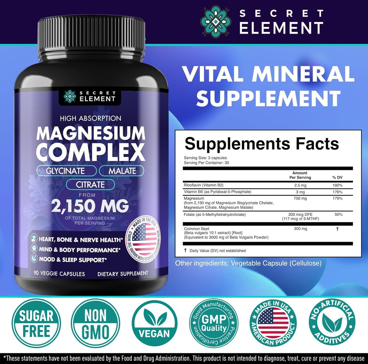 Magnesium Complex 2,150MG, High Absorption Capsules with Magnesium Glycinate, Citrate & Malate, Plus Vitamin B6, B2, Folate & Beet Root, Vegan, Non-GMO, No Artificial Additives, 90 Capsules Secret Element buy supplements Au