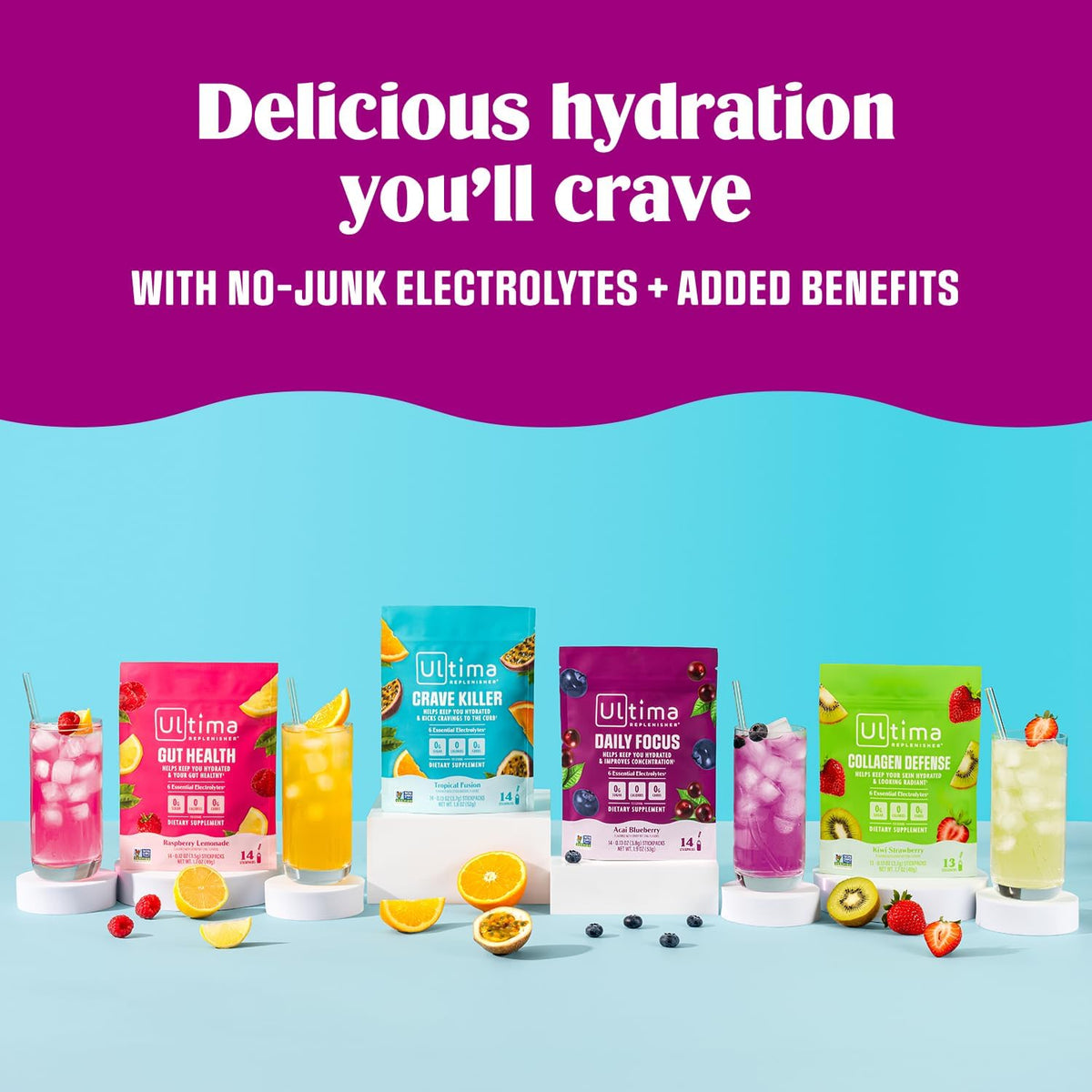 Ultima Replenisher Collagen Defense, Kiwi Strawberry, 13 Stickpacks | Daily Zero Sugar Supplement & Electrolyte Powder Hydration Packets with 6 Key Electrolytes, Dermaval & Biotin for Skin Health