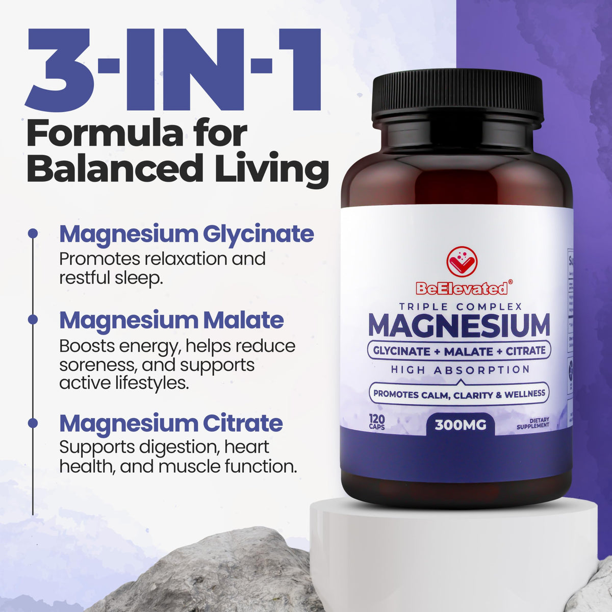 BeElevated High Absorption Triple Magnesium Complex for Sleep, Relaxation & Muscle Support – 300mg of Magnesium Glycinate, Citrate & Malate