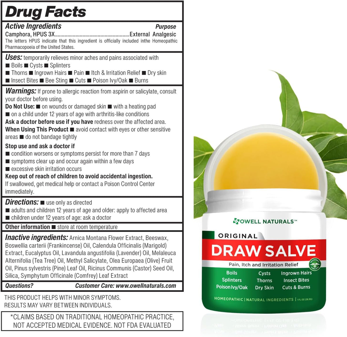 Owell Naturals Drawing Salve Ointment Fast Acting Formula for Ingrown Hair, Boil and Cyst, Maximum Strength for Splinters Remover, Bug and Spider Bites, Bee Stings, Poison Ivy. (1 Fl Oz (Pack of 1))