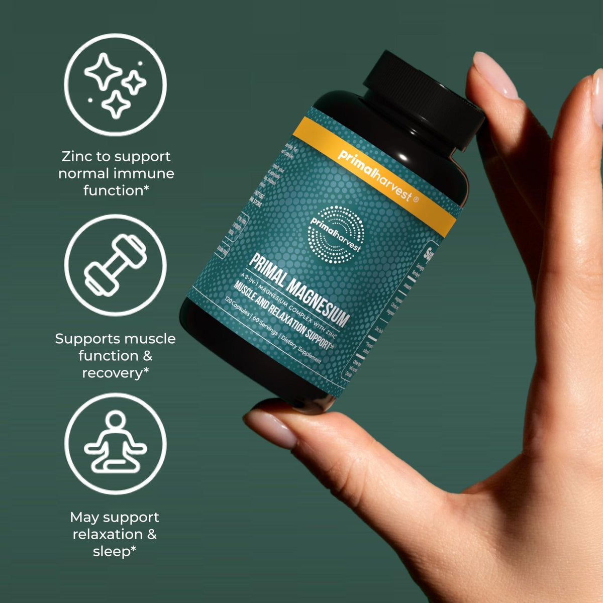 Magnesium Supplement Complex 310mg by Primal Harvest with Magnesium Glycinate, Citrate, Malate, and Zinc 120 Capsules - PrimeBioHealth - canada supplements