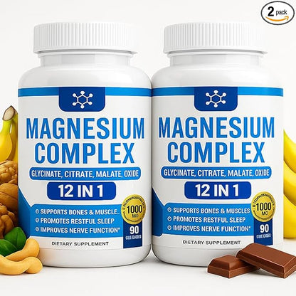 Two bottles of magnesium complex supplement with ingredients on a white background