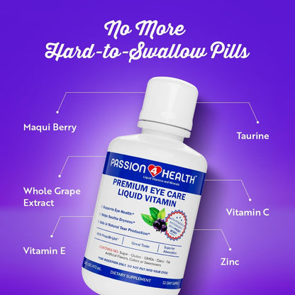 Passion 4 Health Liquid Eye Vitamins - Natural Vision & Adult Eye Care Supplement - Premium Support with Maqui Berry Extract, Gluten-Free, Non-GMO, No Sugar - 30-Day Supply, Made in USA