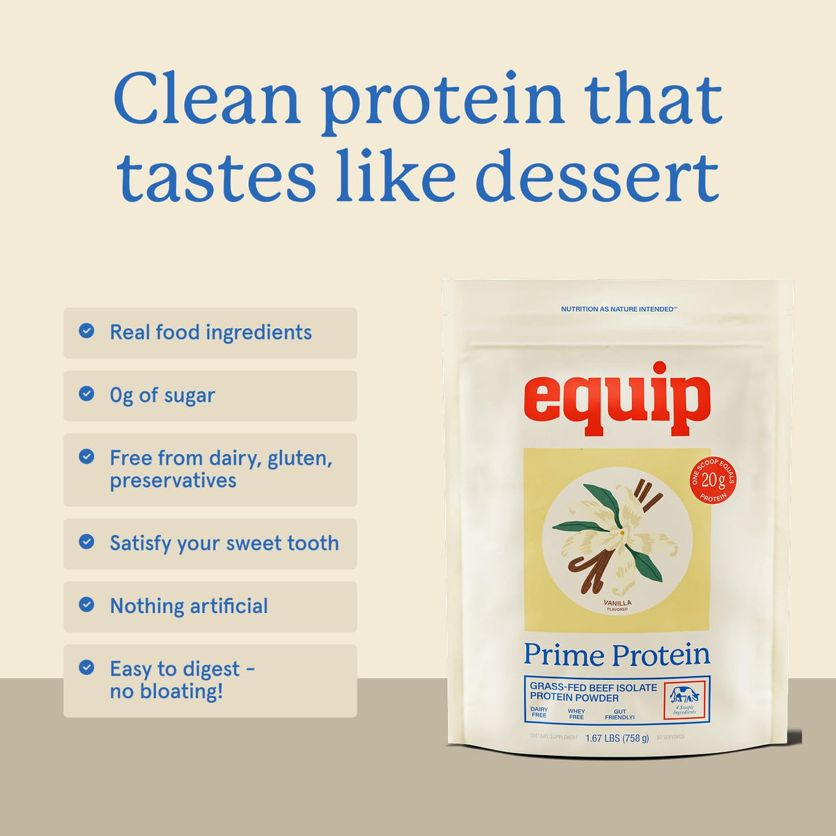 Equip Prime Chocolate Protein Powder - Gut-Friendly, No Sugar Protein Shake Powder with Grass-Fed Beef & Natural Collagen - Rich & Creamy Mix - 21g Per Serving - Whey & Dairy-Free (30 Scoops)