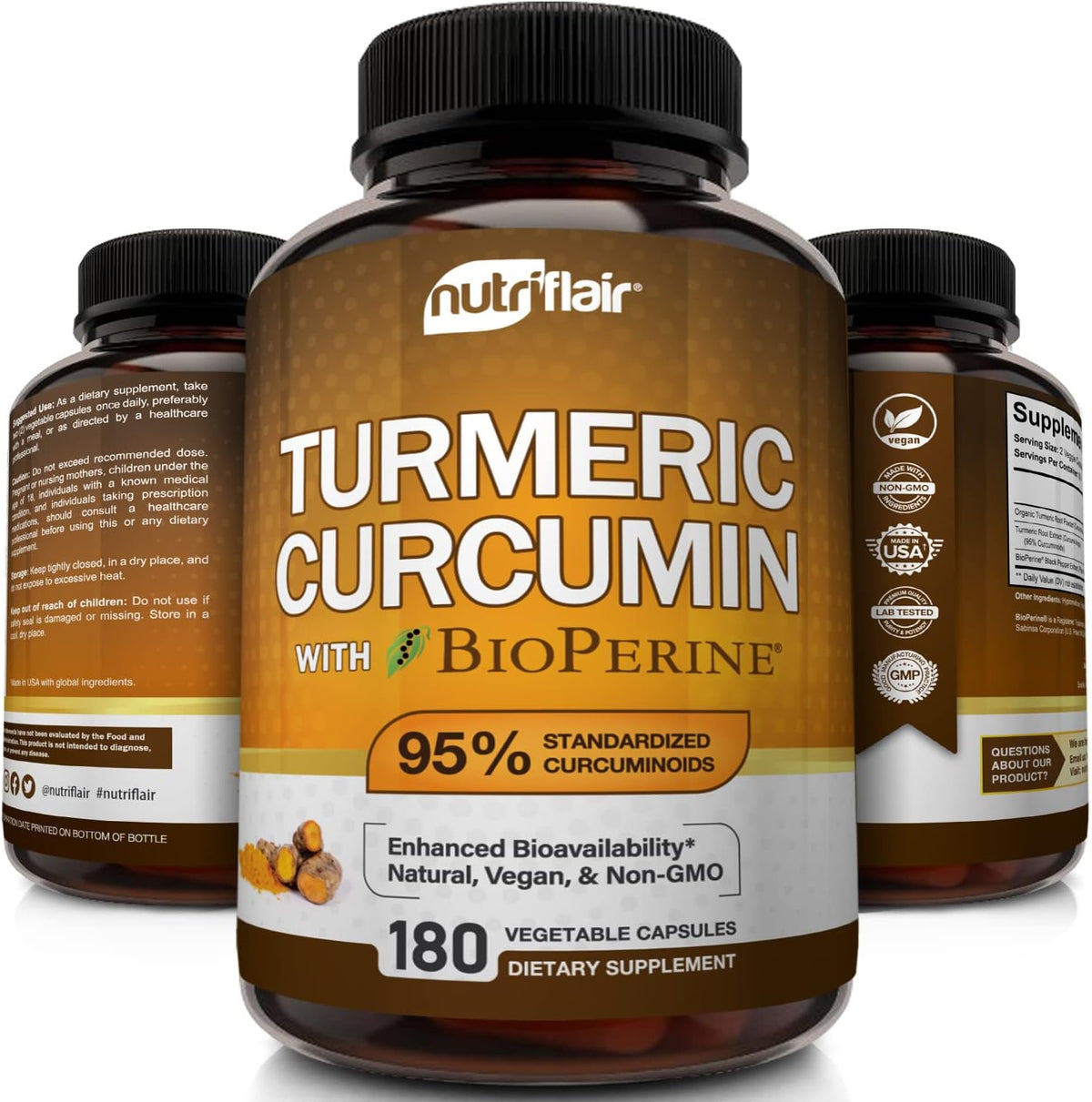 NutriFlair Turmeric Curcumin with BioPerine - 1300mg, 180 Capsules - 95% Standardized Curcuminoids Turmeric Supplement Extract with Black Pepper for Optimal Absorption - 180 Capsules
