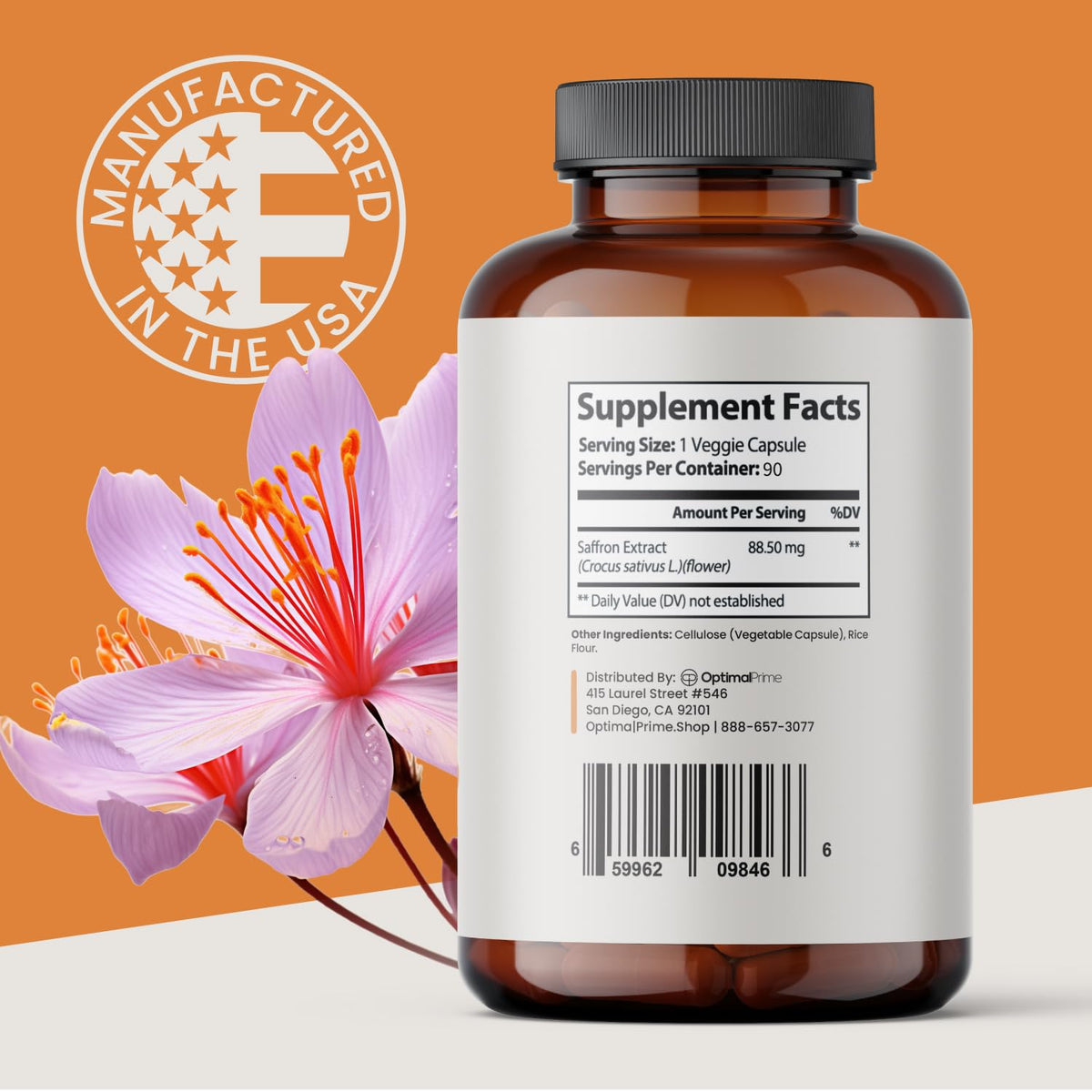 Optimal Prime Saffron Supplement - 100% Pure Saffron Extract 88.5mg - Helps Support Optimal Mood, Energy, and Metabolism, Vegetarian Friendly, Non-GMO, Gluten-Free, Soy-Free, 90 Capsules