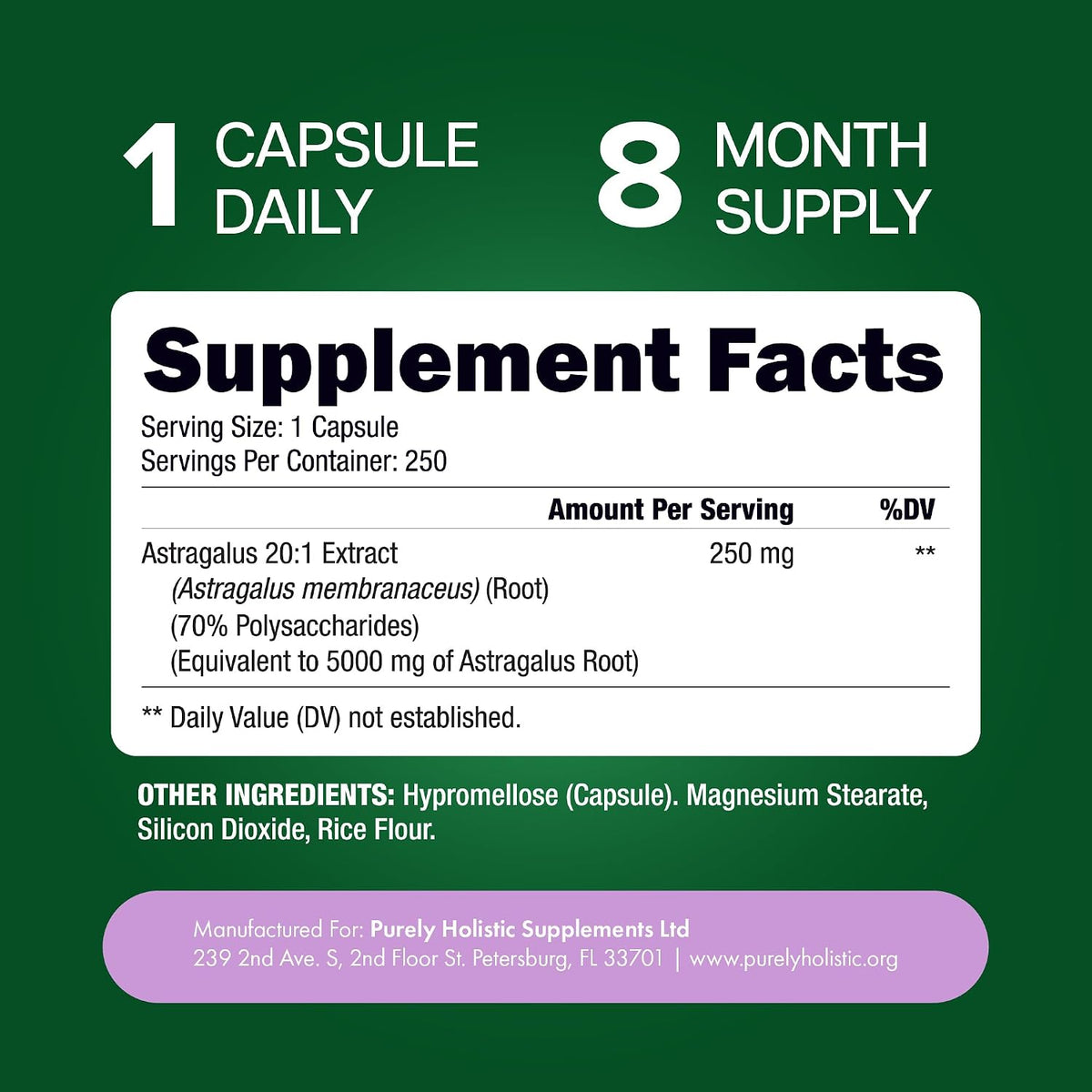 Astragalus Root, 8 Month Supply, Immune Support, 20:1 Astragalus Extract | 20:1 Astragalus Extract, 70% Polysaccharides, High-Concentration Adaptogen Support for Energy & Vitality, Vegan, 250 Capsules