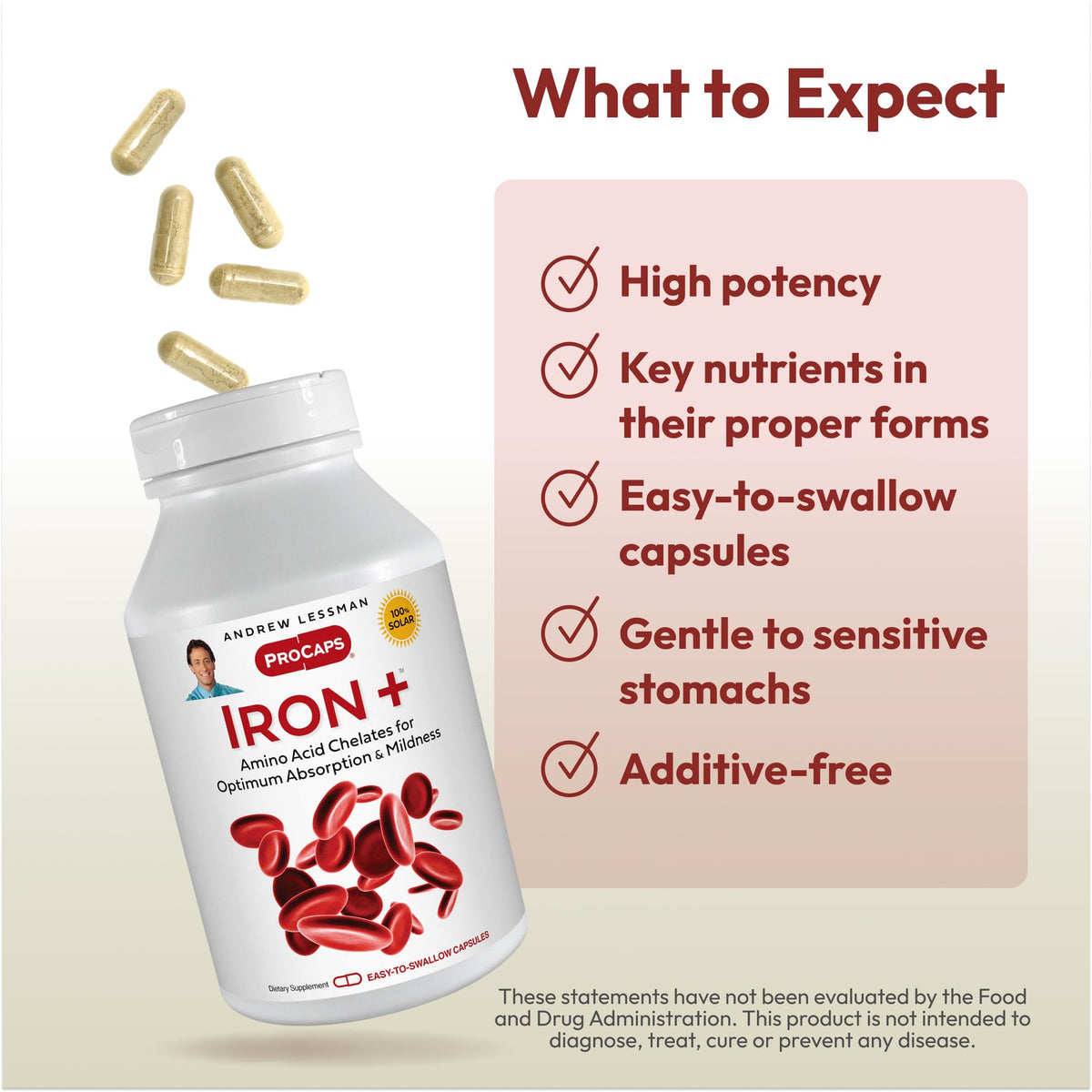 Andrew Lessman ProCaps Iron Plus 18mg Chelated Iron 90 Capsules | Gentle amino acid chelated iron with Vitamin C to support absorption. Non-acidic and easy on the stomach.