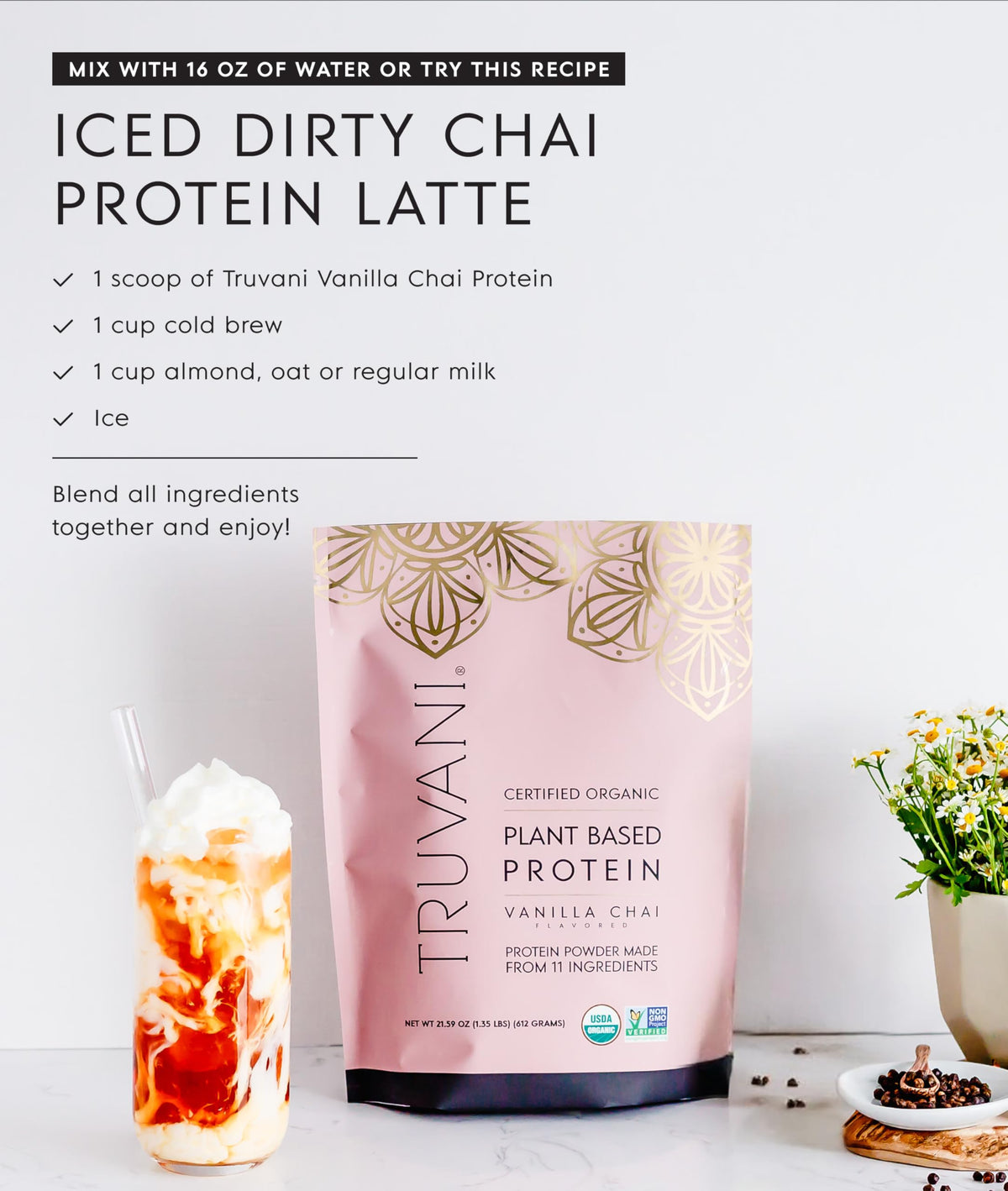 Truvani Organic Plant Based Protein Powder | Vanilla | 1 Serving | Vegan | 20g Pea Protein | Keto | Gluten & Dairy Free | Low Carb | No Added Sugar