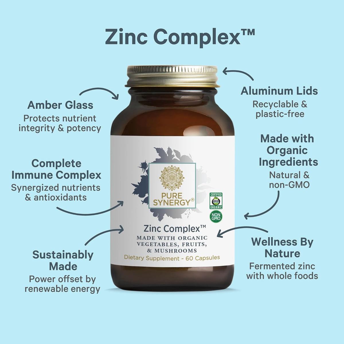 PURE SYNERGY Zinc Complex | Immune Support Supplement | Natural, Vegan Zinc Complex with Vitamin C and Organic Whole Foods | for Immune, Brain, and Skin Health (60 Capsules)