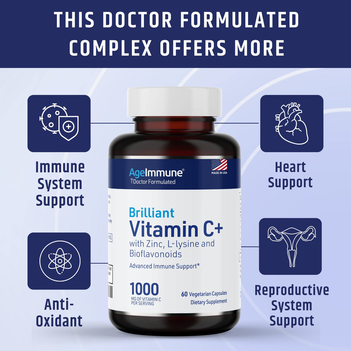 AgeImmune Vitamin C 1000mg Complex with L-Lysine 500mg, Zinc 12mg, Bioflavonoids 300mg. Doctor Formulated Magnesium Stearate Free Supplements for Healthy Immune System Support.(1)