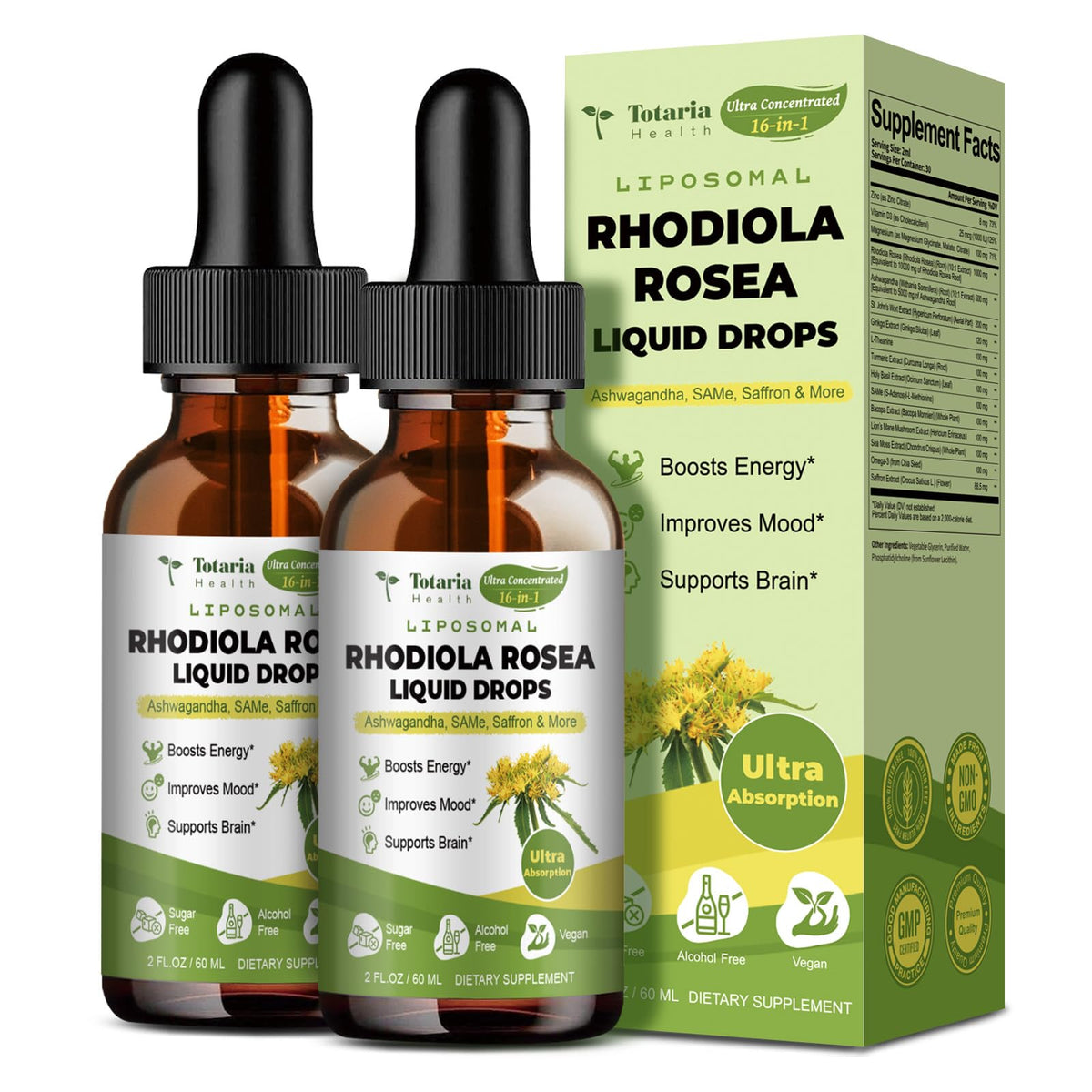 Totaria 16-in-1 Liposomal Rhodiola Rosea Supplement Tincture 1000mg, Ultra Strength Rhodiola 10:1 Root Extract w/Ashwagandha, Rhodiola Liquid Drops for Natural Relaxation, Mood, Energy, Alcohol-Free