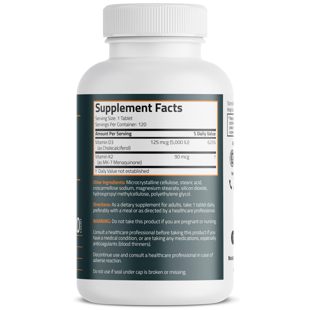 Bronson Vitamin K2 D3 (MK7) Supplement Non-GMO Formula Vitamin D3 5000IU (125 mcg) & 90 mcg K2 MK-7, Easy to Swallow D & K Complex, 120 Tablets