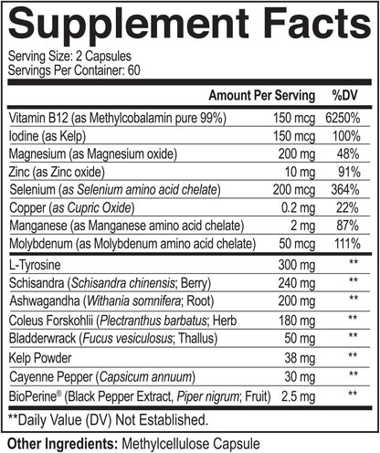 NutriFlair Thyroid Support Complex, 120 Capsules - with Iodine, Black Pepper, Ashwagandha, Vitamin B12 - Thyroid Supplement for Women and Men