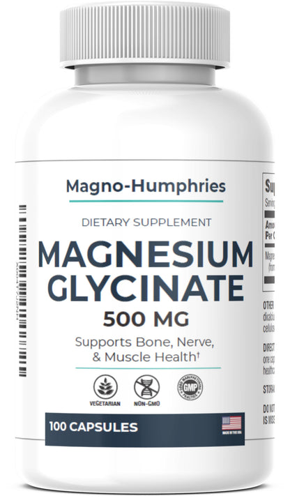 Supplement bottle labeled 'Magnesium Glycinate 500 MG' by Magno-Humphries on a white background