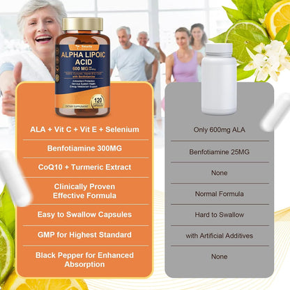 Alpha Lipoic Acid 600mg with Benfotiamine 300mg - ALA Supplement for Antioxidant, Nerve Health, Energy & Metabolism Support, Cell Energy, Neuropathy Supplement, Anti-Aging, Non-GMO, Gluten Free, Vegan