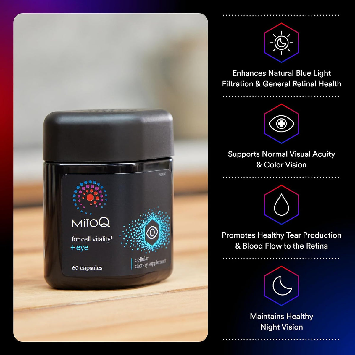 MitoQ +Eye – Eye Health Supplement with Lutein & Zeaxanthin (5:1 Ratio), Bilberry, Maritime Pine Bark, Zinc, Mitoquinol | Supports Macular Health, Visual Clarity & Blue Light Defense