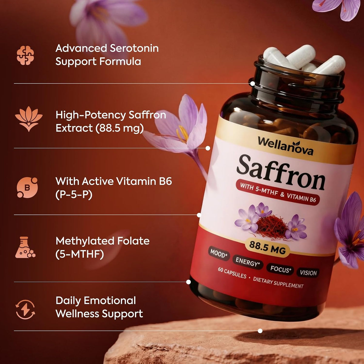 Saffron Supplements – 88.5 mg – 100% Pure Extract with Methylated Folate | Methylated Folate 5-MTHF & Vitamin B6, Mood, Focus, Vision & Energy Support, 60 Capsules