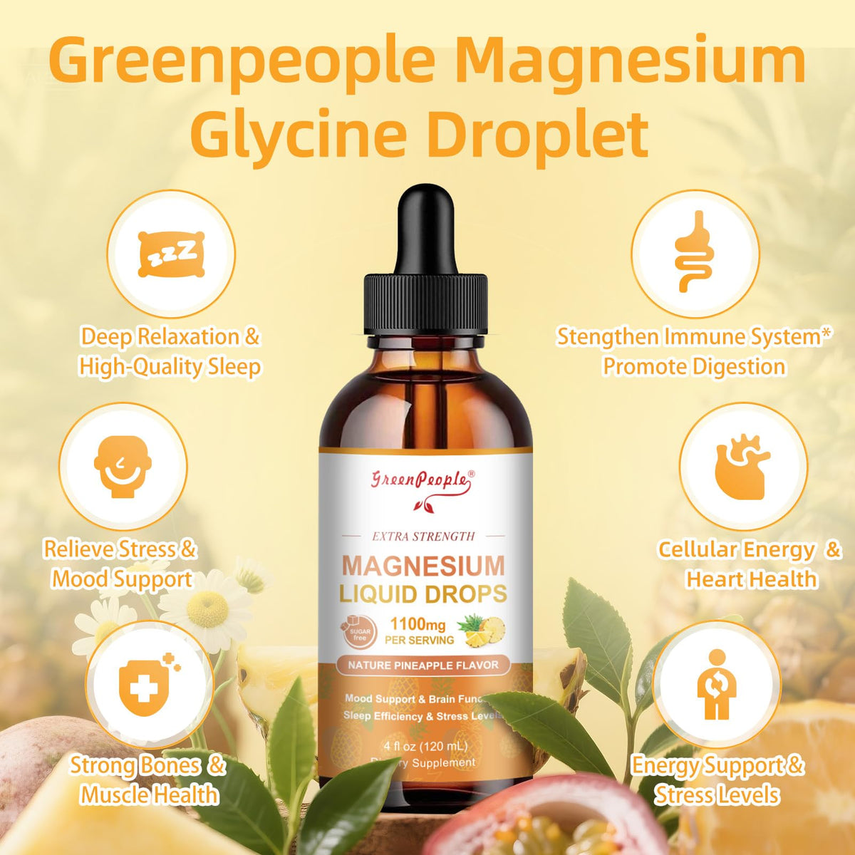 GREENPEOPLE Magnesium Glycinate Liquid Drop - 17-in-1 4Fl. Oz Triple Magnesium Complex Supplement with Glycinate 400mg & Citrate 500mg Taurate/L-Theanine for Calm Mood/Muscle/Sleep,Pineapple Flavor GREENPEOPLEBuy Supplements Australia