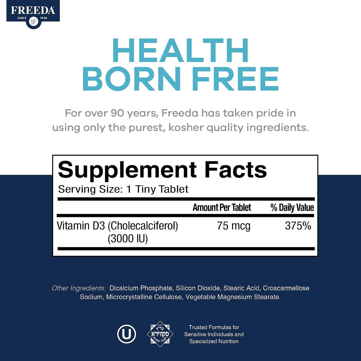 FREEDA Vitamin D3-3000 IU - Pure High Potency Kosher Supplement Tablets - Bone and Muscle Health, Calcium Absorption, Immune Support for Men and Women* - 100 Tiny Tablets | Supports Bone, Muscle & Immune Health – Helps Calcium Absorption – Easy-to-Swallow