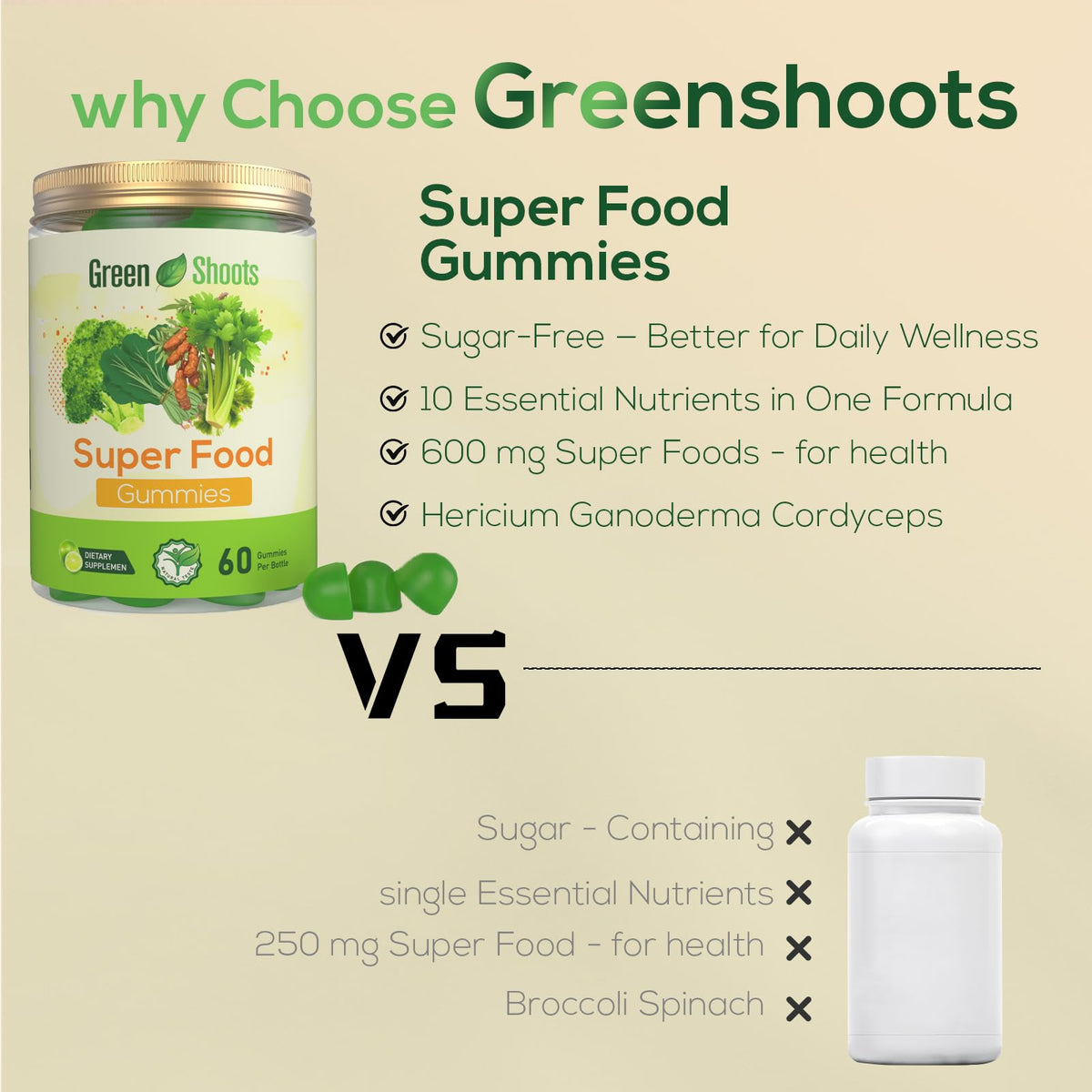 Greenshoots Super Food Gummies with Super Greens Blend, Vitamin A & C – Broccoli, Spinach, Moringa & Chlorella – Vegan, Sugar Free, Daily Nutrition Support, 60 Gummies GreenshootsBuy Supplements Australia