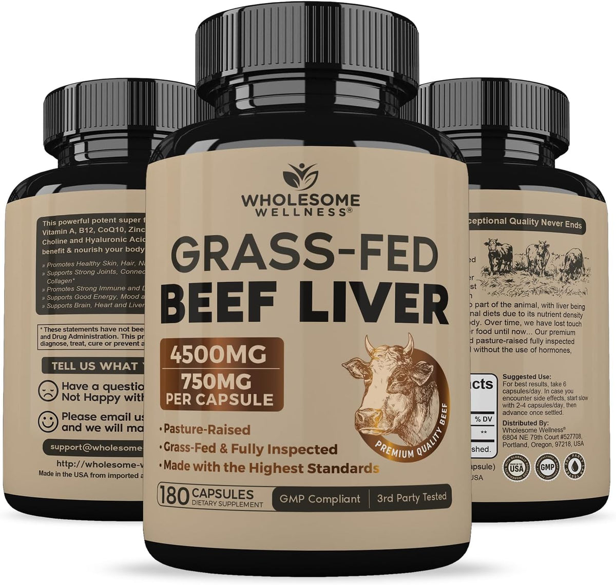 Wholesome Wellness Grass Fed Desiccated Beef Liver Capsules (180 Pills, 750mg Each) - Natural Iron, Vitamin A, B12 for Energy - Raised Undefatted in New Zealand Without Hormones or Chemicals