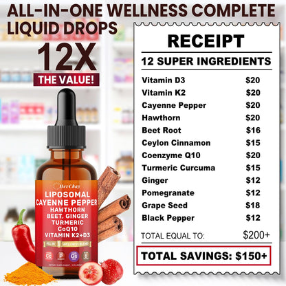 Cayenne Pepper Drops Liposomal Supplement Liquid + Hawthorn Berry, Vitamin D3 K2 Beet Root Powder, Ceylon Cinnamon, CoQ10, Turmeric Curcumin, Cayenne Pepper Extract - 2oz HevChay buy supplements Au