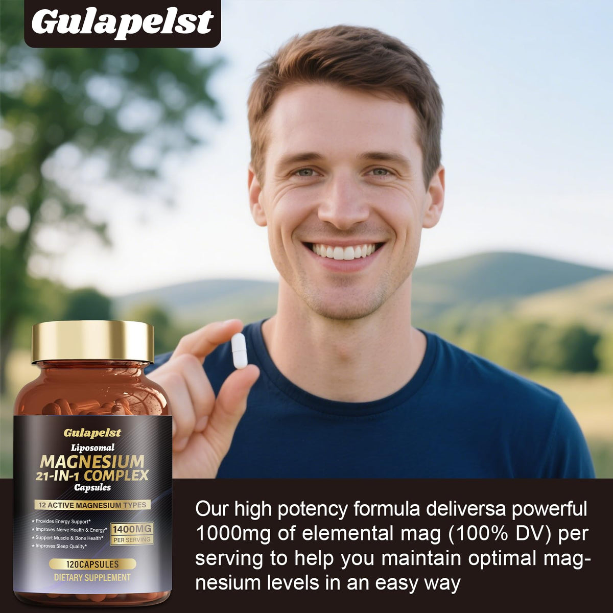 21 in 1 Liposomal 1400mg Magnesium Complex (Citrate, Glycinate, Malate etc) Capsule - 12 Active Types Magnesium with Vitamin D3, B6, B12, C, Ashwagandha & CoQ10 for Women & Men