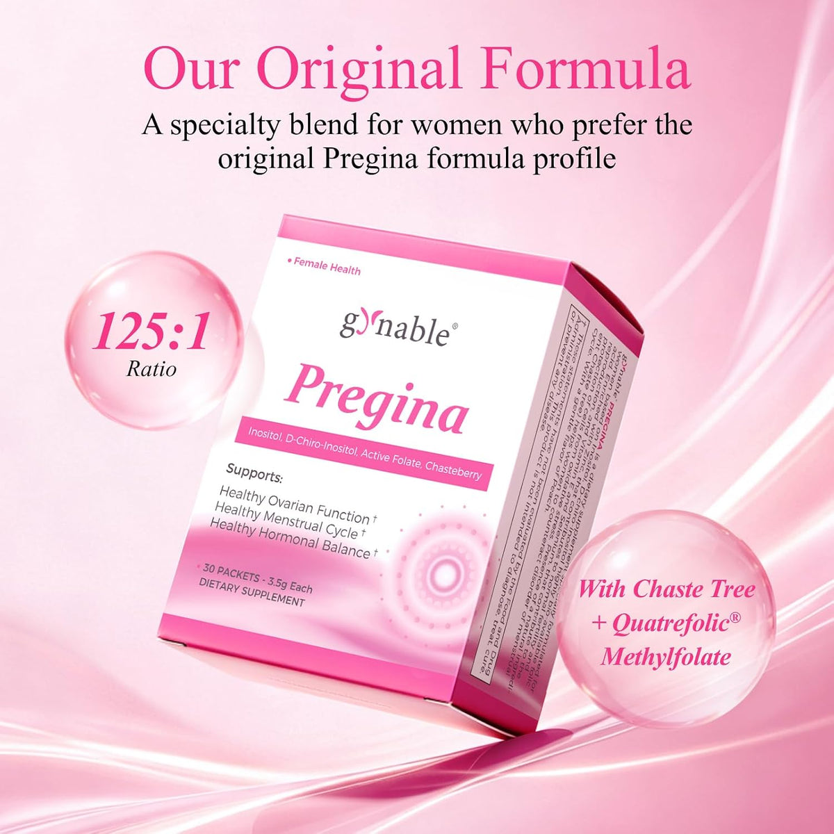 Gynable Pregina Myo-Inositol & D-Chiro Inositol for Women - Original 125:1 Formula, Hormonal Balance & Cycle Wellness, with Chaste Tree & Methylfolate, Powder Sachets, 30 Servings