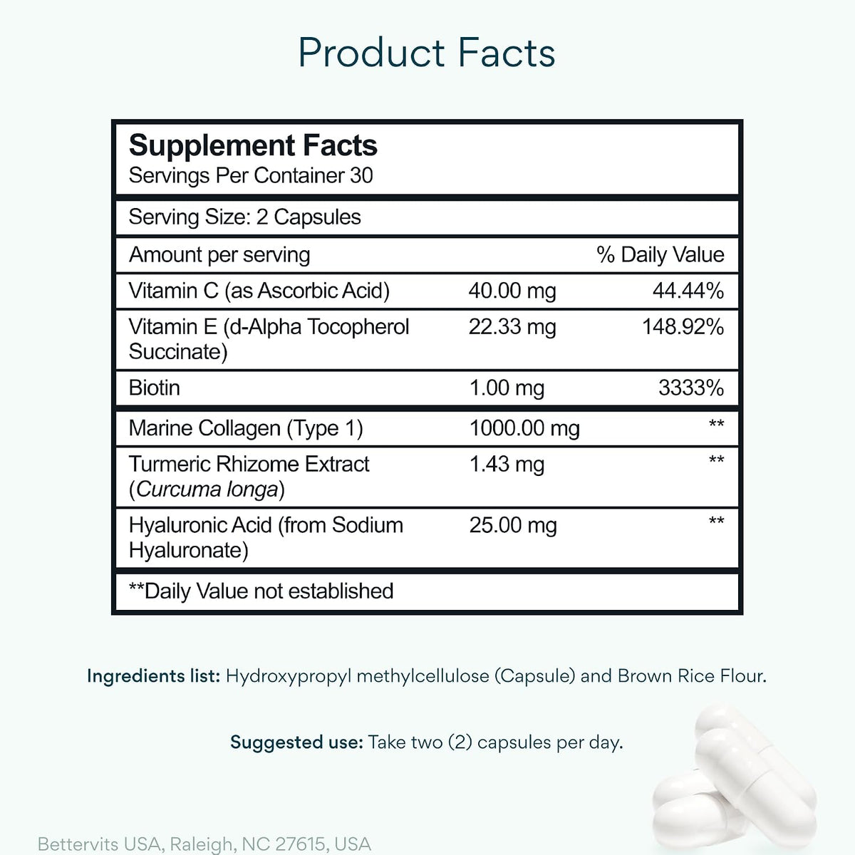 Bettervits Collagen Peptides Complex with Hyaluronic Acid & Turmeric | Hydrolyzed Marine Collagen Supplements for Women & Men | Collagen with Vitamin C for Skin, Hair, Nails & Joints – 60 Capsules