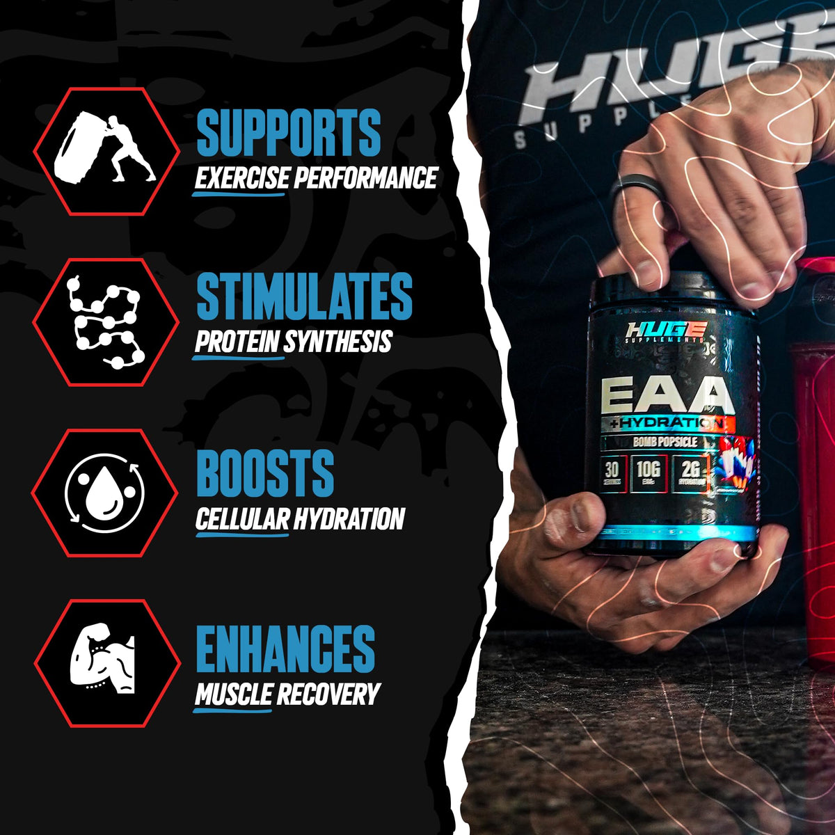 Huge EAA + Hydration, Essential Amino Acids Powder, EAAs & BCAAs, Intra & Post Workout Recovery Powder, Muscle Growth, Recovery & Performance, 10g EAAs & Electrolytes, Kiwi Blueberry, 30 Servings