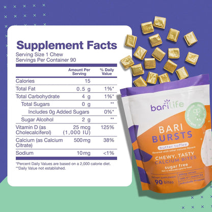 Bari Life Just One, Once Daily Bariatric Multivitamin with Iron (90 Tablets) and BariBurst Calcium Citrate Soft Chews for Gastric Bypass, Gastric Sleeve and Duodenal Switch (Butter Toffee)