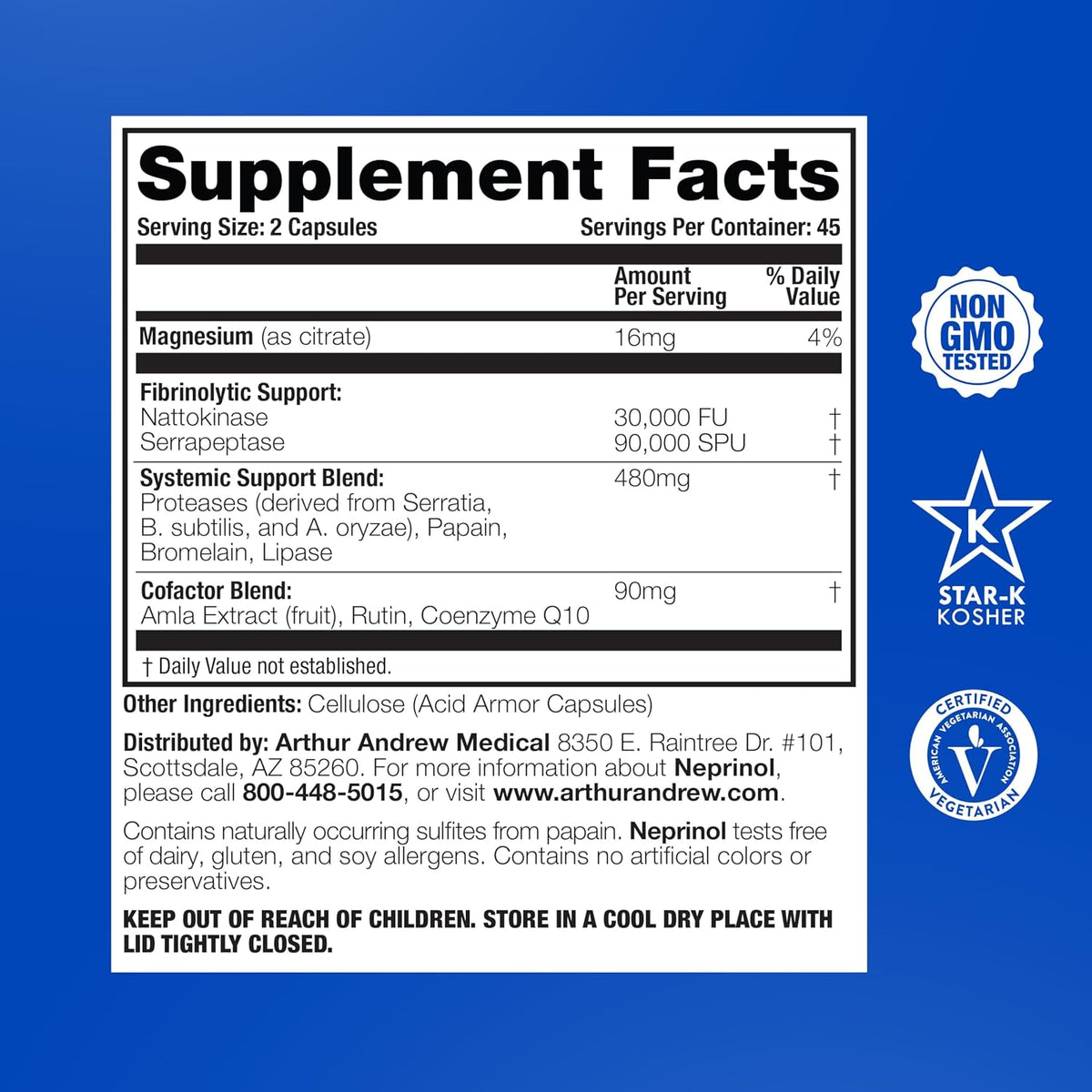 Arthur Andrew Medical, Neprinol AFD, Multi Enzyme Blend with Serrapeptase & Nattokinase, 90 Count (Pack of 1) | Highly Potent Systemic Enzyme Blend Featuring Nattokinase (15,000 FU) & Serrapeptase (45,000 SPU). Heart & Immune Support