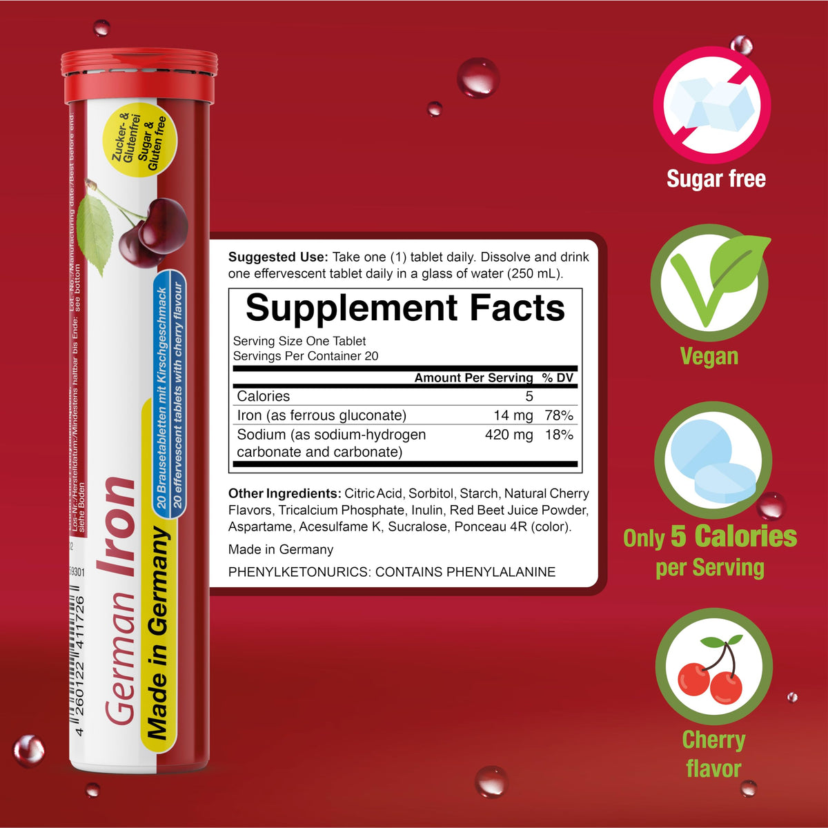 T&D German Iron 14 mg - 140 Vegan Drink Effervescent Tablets - Cherry Flavor - Made in Germany T&D buy supplements Au