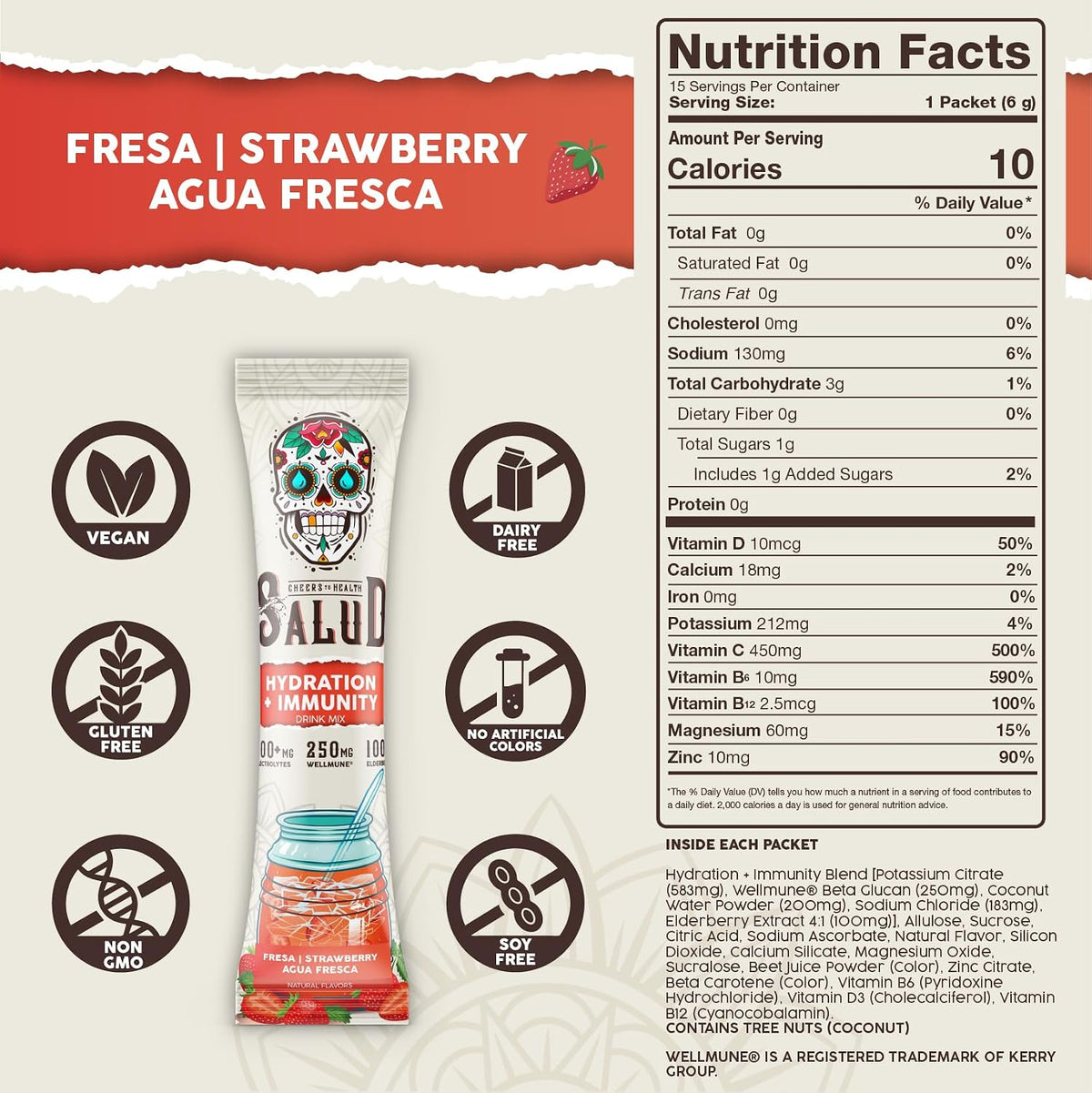 Salud 2-Pack | 2-in-1 Hydration + Immunity (Pineapple) & Hydration + Immunity (Strawberry) – 15 Servings Each, Agua Fresca Drink Mix, Non-GMO, Gluten Free, Vegan, Low Calorie, 1g of Sugar