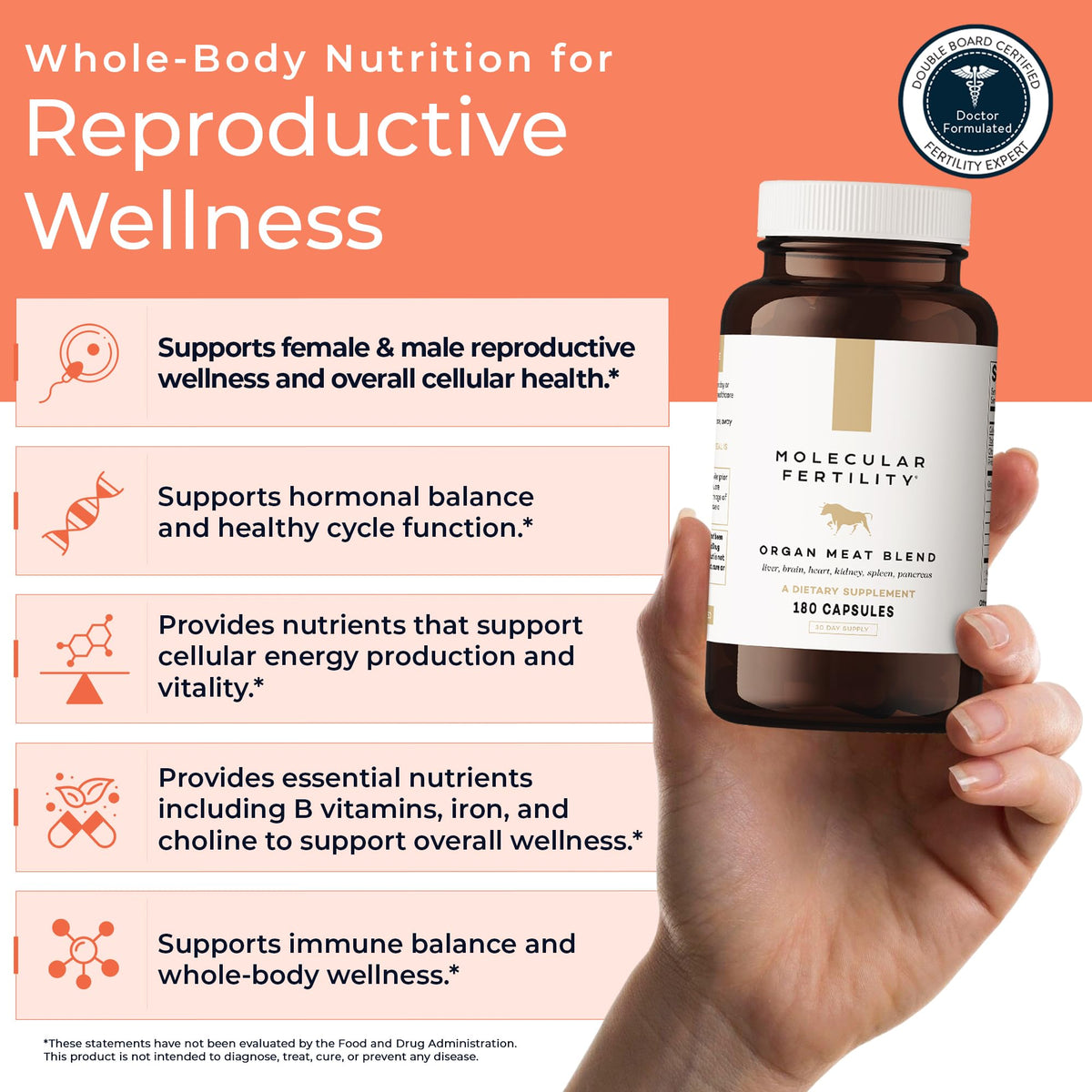 Molecular Fertility Beef Organ Complex - Pasture-Raised, Grass Fed Beef Liver, Brain, Heart, Spleen, Pancreas Blend, Healthy Hormone Balance and Fertility Supplement for Women and Men, 180 Capsules Molecular FertilityBuy Supplements Australia