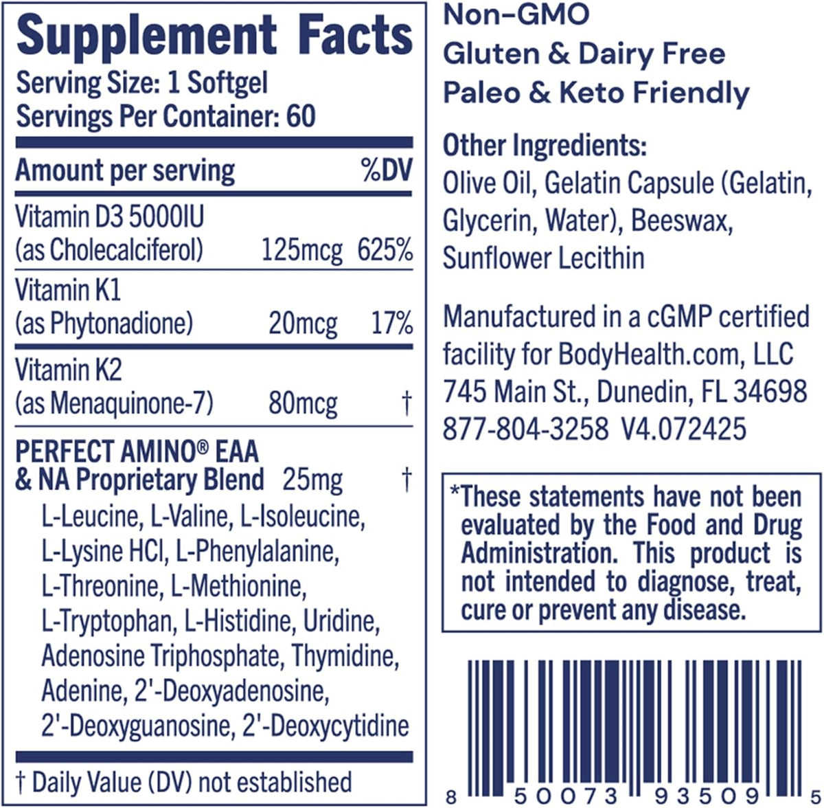 BodyHealth D3 + MK7 - Vitamin D3 5000IU, Vitamin K1, Vitamin K2 - Easy to Swallow Supplement, Supports Bone Strength & Calcium Absorbtion* - 60 Softgels