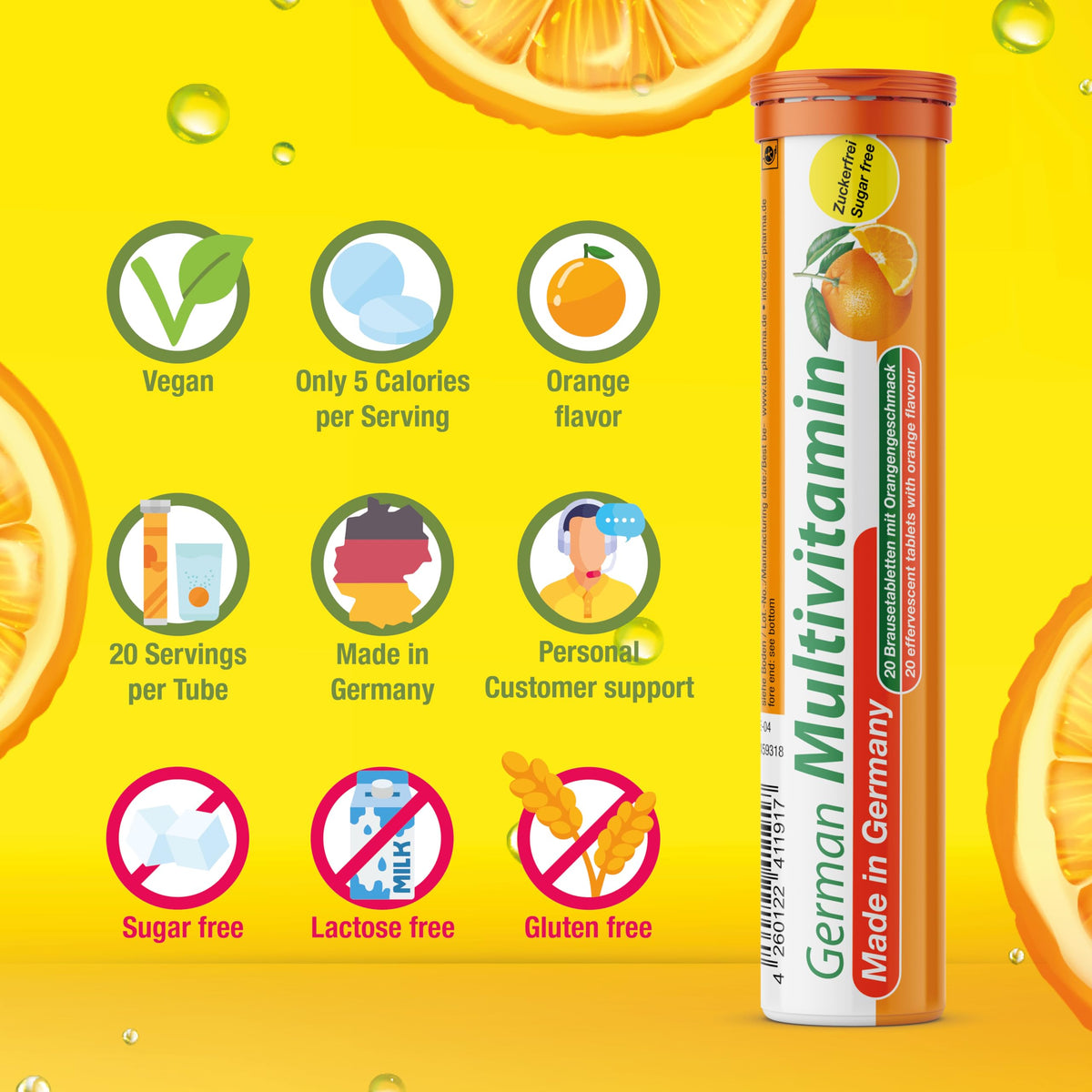 T&D German Multvitamin 10 Vitamins - 100 Vegan Drink Effervescent Tablets - Orange Flavor - Made in Germany T&D buy supplements Au