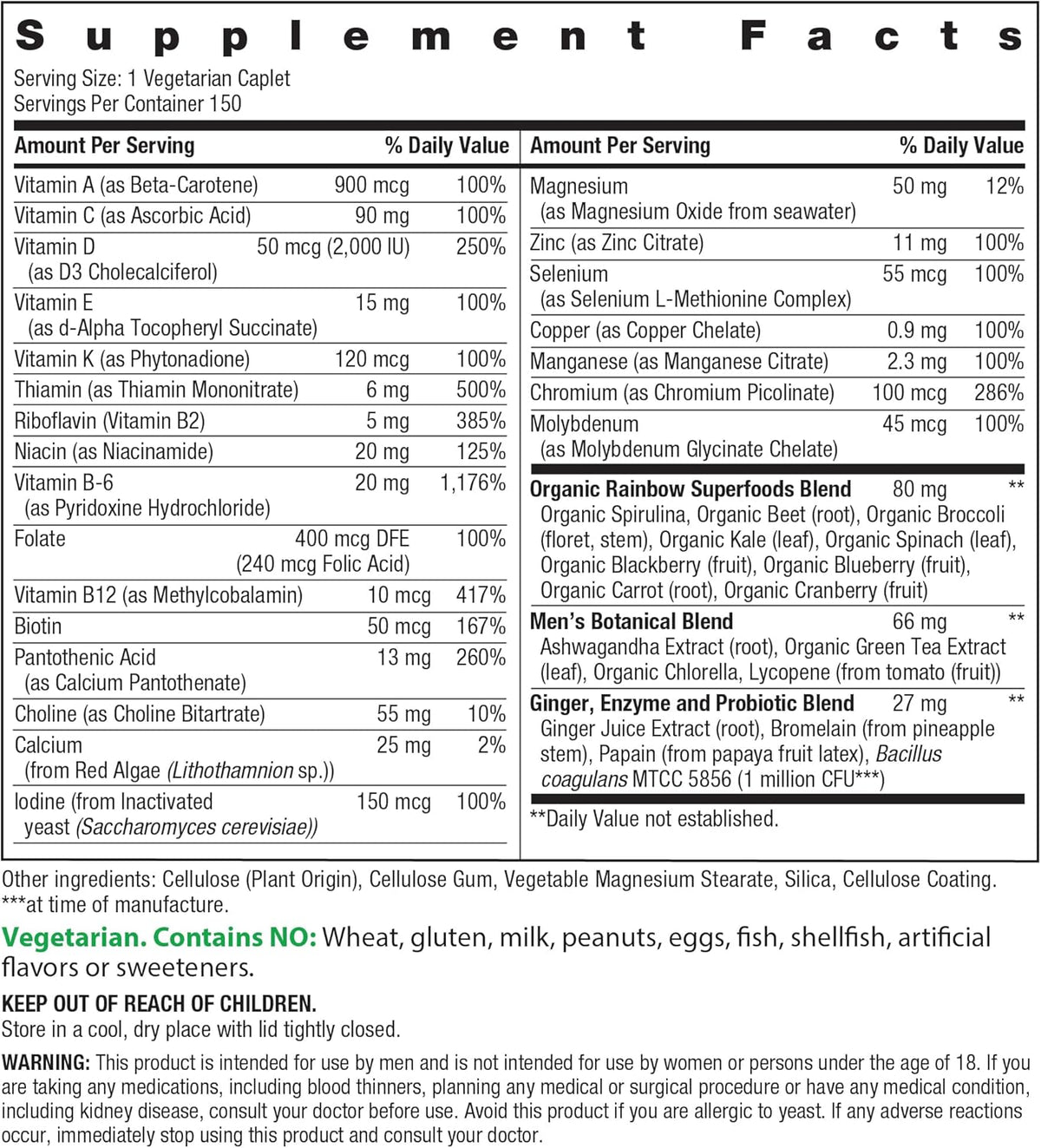 Rainbow Light Mens Multivitamin One + | 150 Caplets | Supports Cellular Energy & Immune Health | with Vitamins C, D, and Zinc | Real Food Nutrients, Digestive Enzymes & Probiotics