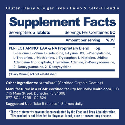 BodyHealth PerfectAmino (150 ct) Easy to Swallow Tablets, Essential Amino Acids Supplement with BCAAs, Vegan Protein for Pre/Post Workout & Muscle Recovery with Lysine, Tryptophan, Leucine, Methionine