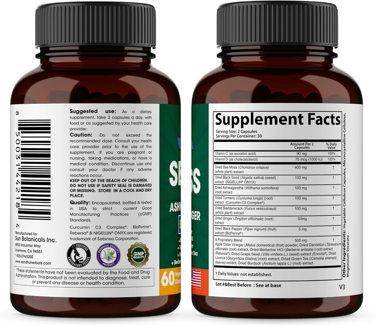 Sea Moss Capsules with Black Seed Oil Ashwagandha Ginger Burdock Root | Advanced Seamoss 60 Count | All Men Women Age