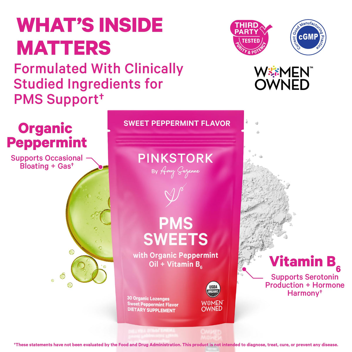 Pink Stork Organic PMS Support Sweets for Teens and Women - Simple & Natural Ingredients Vitamin B6 and Peppermint - Period, Digestion, Bloating, Mood Swings - 30 Drops