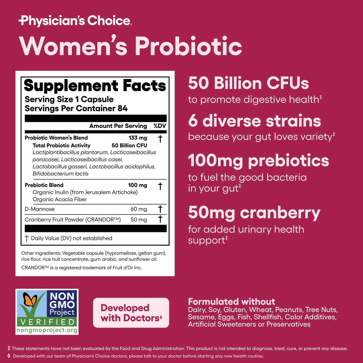 Physician's CHOICE Probiotics for Women - PH Balance, Digestive, UT, & Feminine Health - 50 Billion CFU - 6 Unique Strains for Her - Organic Prebiotics, Cranberry Extract+ - Women Probiotic - 30 CT