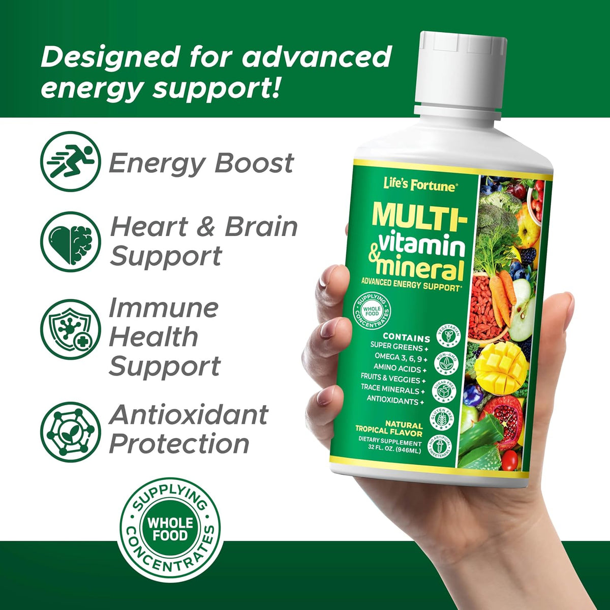 Life’s Fortune Liquid Multivitamin for Adults and Seniors – Fast Absorption Vitamins and Minerals with 90+ Nutrients for Energy and Immune Support – Easy to Digest, Sugar Free, Tropical Flavor, 32 oz