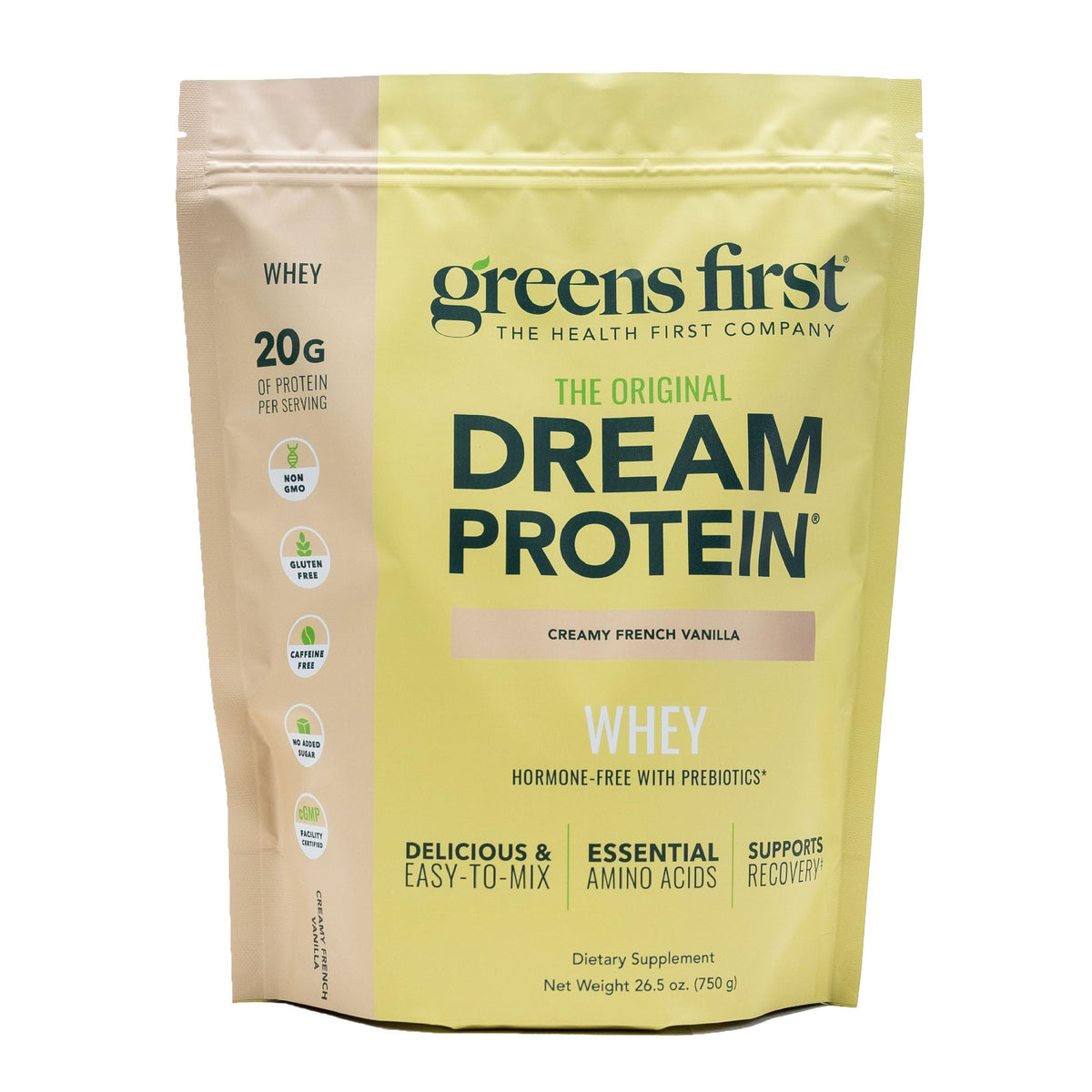 Greens First Dream Protein Powder Whey - 20g Protein Per Serving - Hormone-Free with Prebiotics - Non-GMO - No Artificial Sweeteners/MSG/Aspartame (Creamy French Vanilla, 26.5 oz) Greens First buy supplements Au