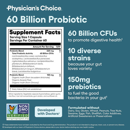 Physician's CHOICE - Optimal Gut Health Bundle: 60 Billion Probiotic 60ct + Digestive Enzyme 180ct for Digestive Comfort and Immune Support - Value Bundle