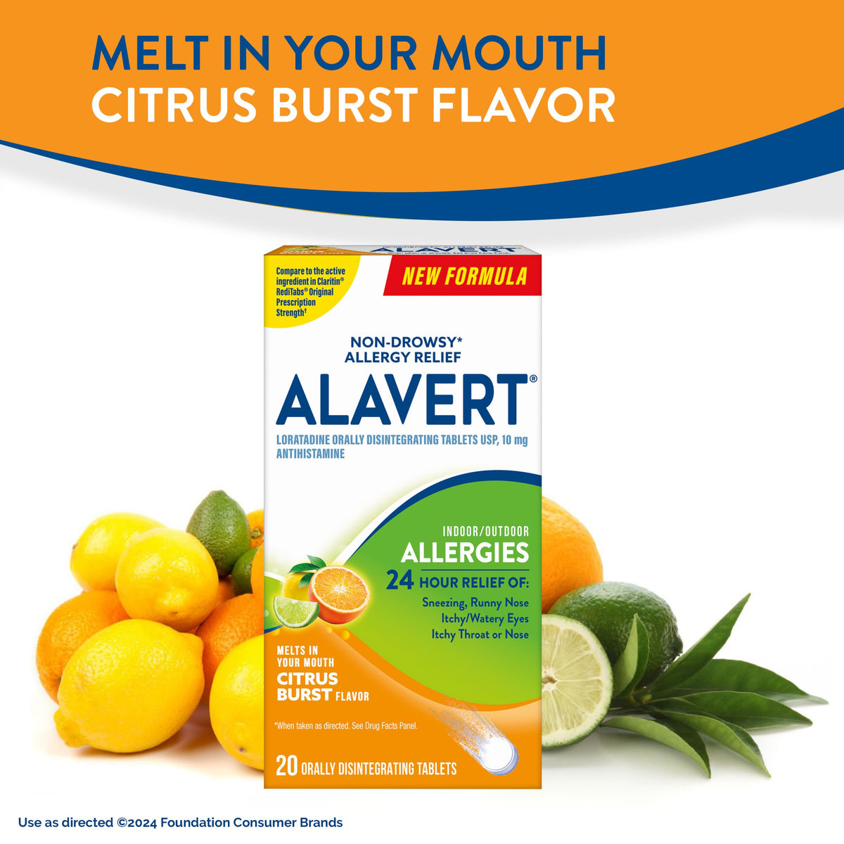 Alavert 24 Hour Allergy Relief Tablets, Non-Drowsy Antihistamine, Orally Disintegrating Allergy Tablets, Loratadine 10 mg, Citrus Burst Flavor, 18 Count