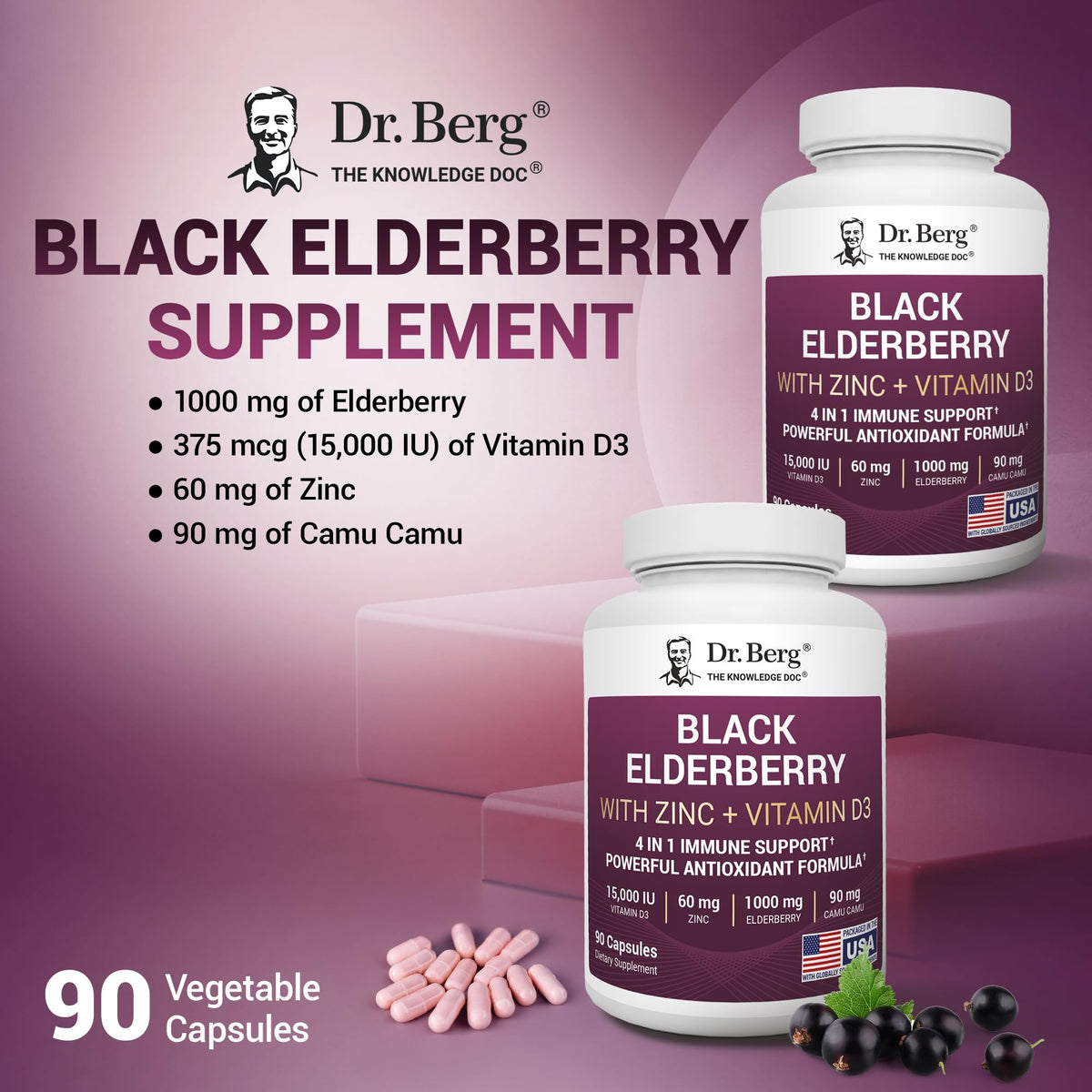 Dr. Berg Black Elderberry Capsules (Advanced Immune Support*) with 15,000 IU Vitamin D, 60 mg of Zinc, & 90 mg of Camu Camu - (4-in-1) Sambucus Elderberry Immune Support Supplement - 90 Capsules Dr. Berg NutritionalsBuy Supplements Australia