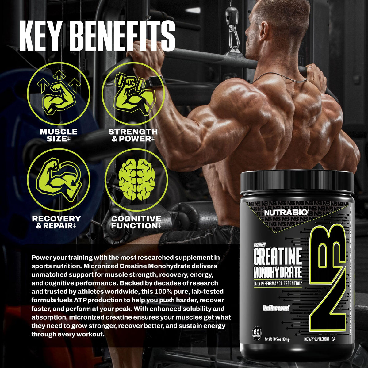 NutraBio Pure Micronized Creatine Monohydrate Powder Supplement, Unflavored, (300 g) - Supports Bulk Muscle Energy, Recovery, and Strength - HPLC Tested Creatine Powder Supplement for Men and Women