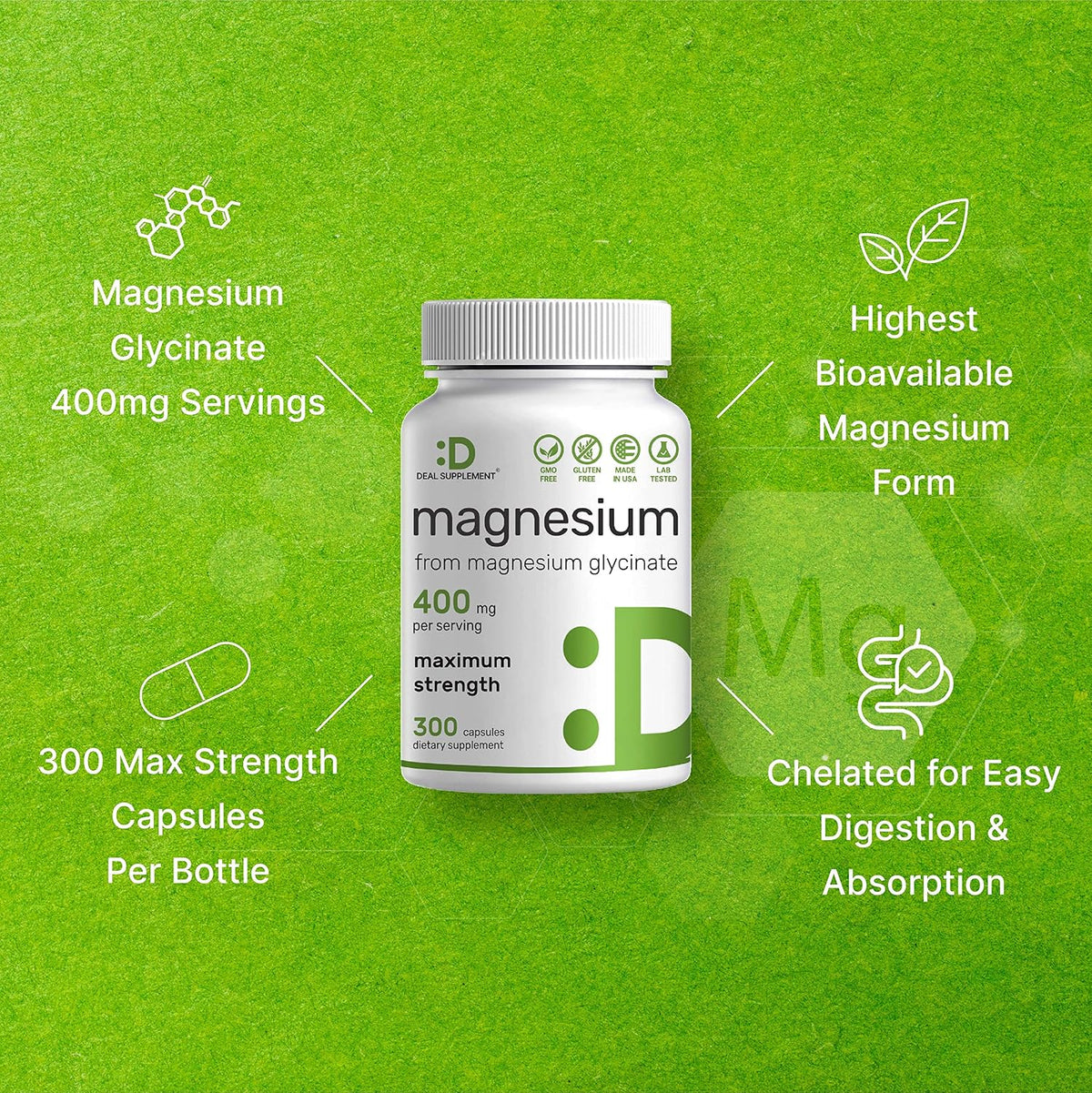 Magnesium Glycinate 400mg, 300 Capsules | 100% Chelated for Easy Absorption | Essential Mineral Supplement for Muscle, Sleep, & Heart Health*